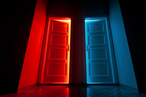 Two Doors opens and lets the red and blue light in. Useful for multiple concepts, choice,business opportunity, taking chances, hope, ....Lot of space for copy