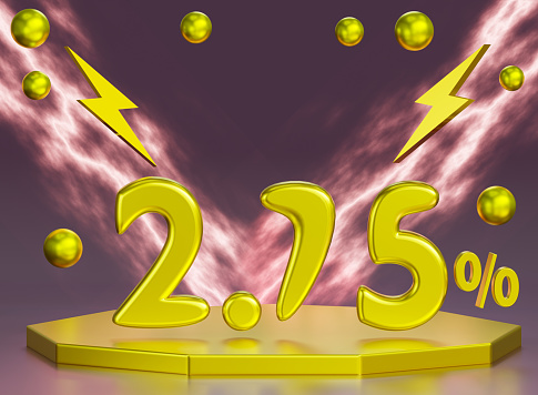 2.75 Percent Number Gold 3D.Golden percentage sign and gold Podium pedestal product display