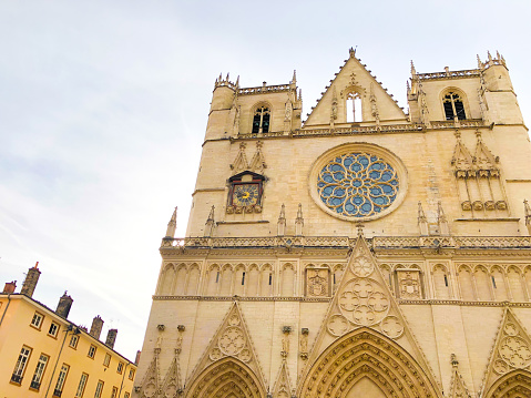 Lyon, France: The Lyon Cathedral, a medieval monument built over three centuries in Gothic and Romanesque styles and completed in 1480.