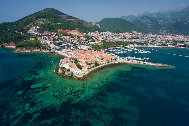 The Old Town of Budva, Montenegro (aerial view) stock photo