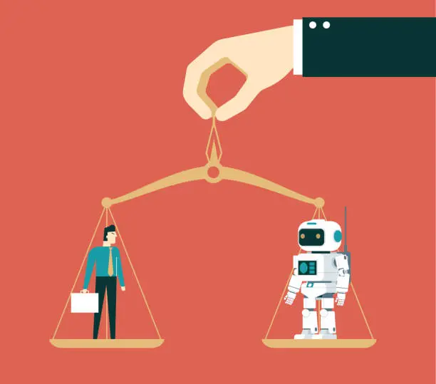 Vector illustration of Businessman vs robot - Balance scales