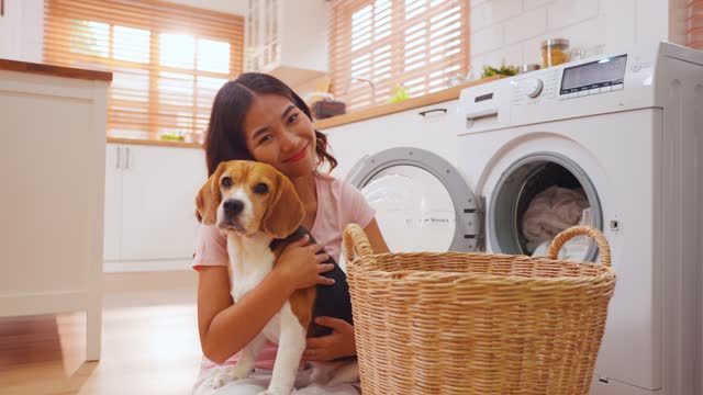Portrait of Asian woman put clothes to washing machine with beagle dog. Beautiful young female owner feeling happy and relax, enjoy spend free leisure time with her lovely pet puppy together in house.