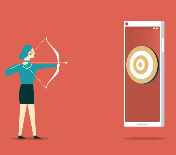 Vector illustration of Hitting the target - Businesswoman - smart phone