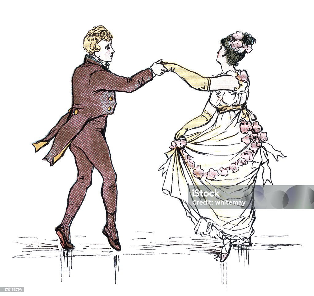 Молодая пара танцы Стиль регенства - Стоковые иллюстрации Викторианский стиль роялти-фри