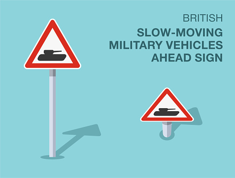 Traffic regulation rules. Isolated British slow-moving military vehicles ahead sign. Front and top view. Flat vector illustration template.