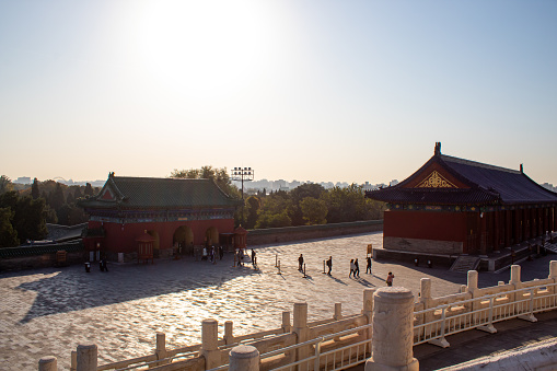 Stone railing in chinese temple of Heaven, Beijing, China. Light blue sky with copy space for text