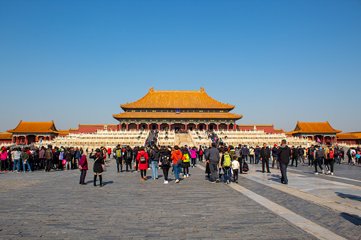 September 20, 2021 - Beijing, China: Crowds of people at The Forbidden City (Palace Museum) in Beijing, China