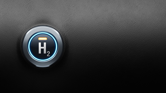 Start engine car button on black leather, start plan to carbon neutrality using hydrogen energy, 3D rendering.