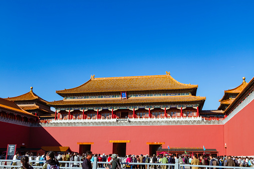 Beijing, China. October 28th, 2015. Visitors heading towards the entrance of the Beijing's Forbidden City