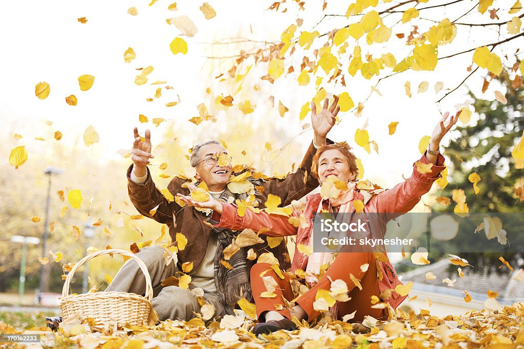 Cheerful mature couple on a picnic in nature. While the leaves are falling a mature couple is having a picnic on a beautiful autumn day.    Senior Adult Stock Photo