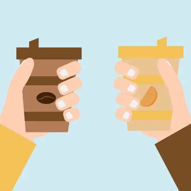 Vector illustration of Close up of two hand holding cup of coffee and cheering.