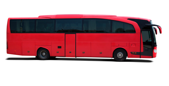Red tour bus isolated on white with drop shadow.