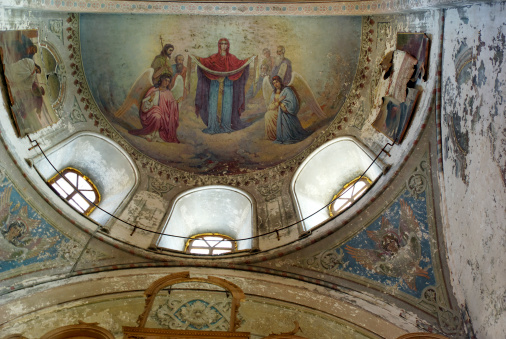 Interior of old church with fresco, Sviyazhsk island, Tatarstan, Russia. UNESCO World Heritage