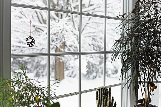schönen winter schneesturm bay window - blizzard house storm snow stock-fotos und bilder