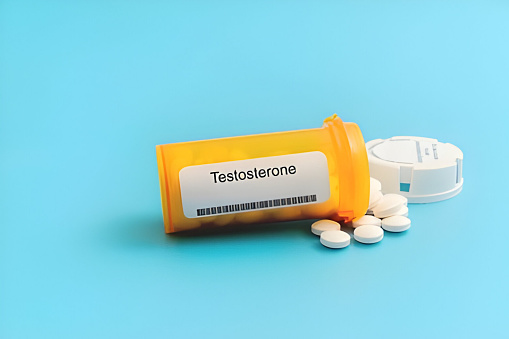 Testosterone. Testosterone Medical pills in RX prescription drug bottle