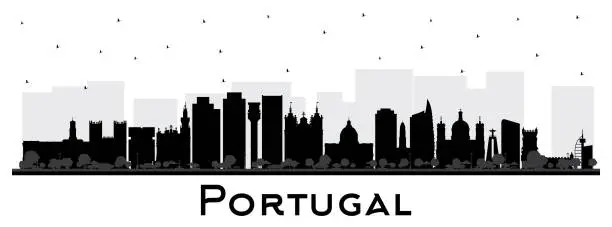 Vector illustration of Portugal. City skyline silhouette with black buildings isolated on white. Portugal Cityscape with Landmarks. Porto and Lisbon.