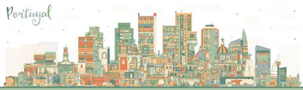 Vector illustration of Portugal. City Skyline with Color Buildings. Portugal Cityscape with Landmarks. Porto and Lisbon.