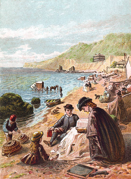 ilustraciones, imágenes clip art, dibujos animados e iconos de stock de julio-aristócratas victorianos en la playa - engraving women engraved image british culture