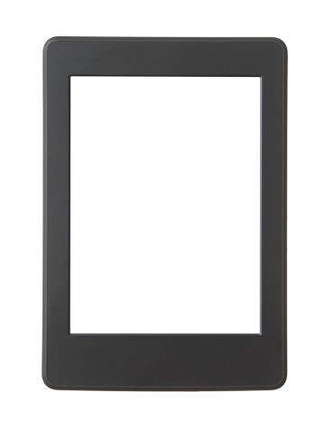 Hand holdet generic Ebook reader with blank screen on white background