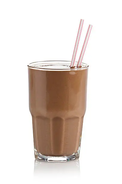 Photo of Chocolate milkshake glass against white background