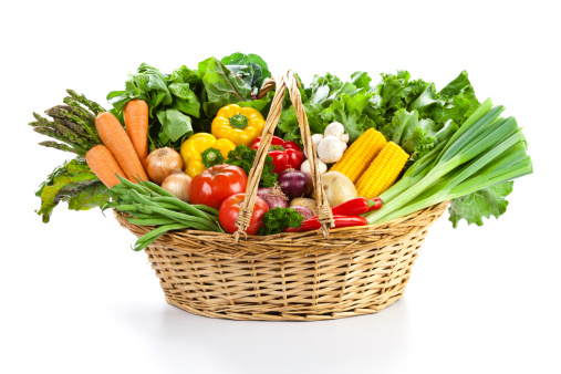 Assortment of Fresh Vegetables Inside Basket Isolated on White Background. Front View.