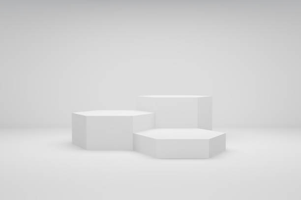 istock Background 3d white colour rendering with Hexagon podium and minimal in abstract composition, 3d render, 3d illustration 1701695141