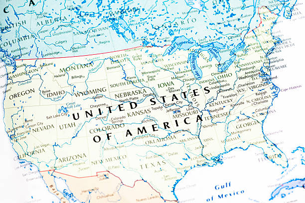 United States Of America USA Map Photo map of USA. Shallow depth of field, focus on the United State of America word of the map and the area nears it. michigan maryland stock pictures, royalty-free photos & images