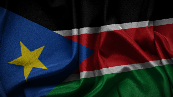 3d illustration flag of South Sudan. Close up waving flag of South Sudan.