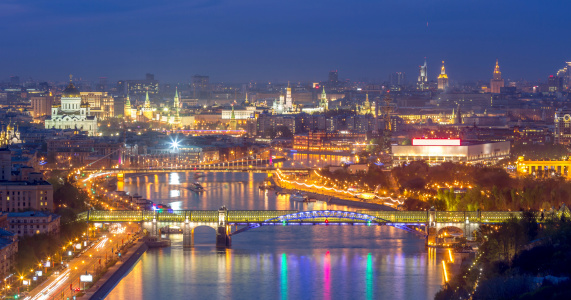 Beautiful Moscow cityscape with night lights, Russia. View from the Russian Academy of Sciences headquarters building