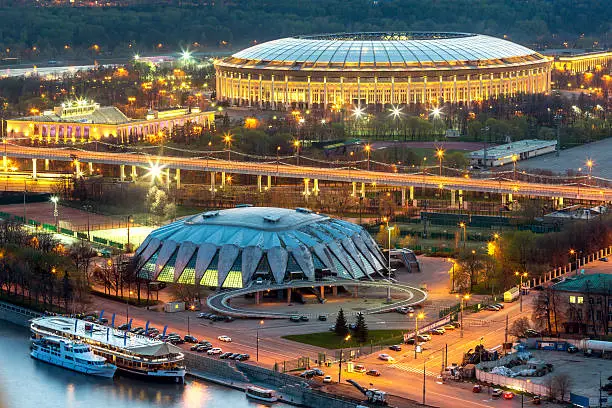 Night view of the Luzhniki Stadium, Moscow, Russia. View from the Russian Academy of Sciences headquarters building