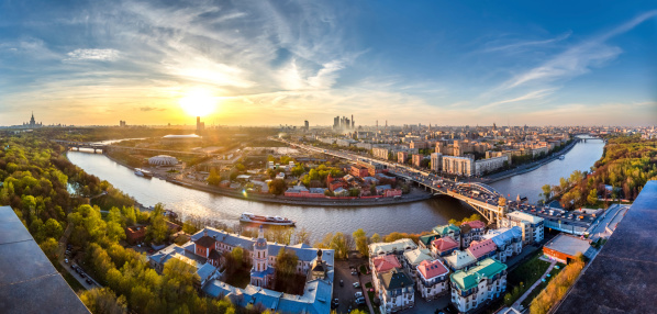 Amazing spring view of Moscow downtown at sunset, Russia. Wide angle shot. View from the Russian Academy of Sciences headquarters building