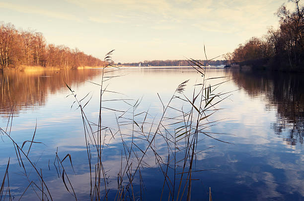 Sunset over the lake with clouds reflected in the water. Slightly cross-processed.