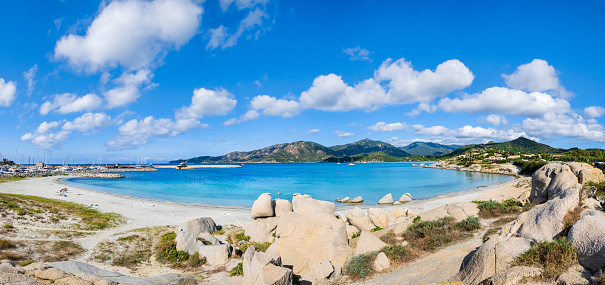 Spiaggia del Riso of Villasimius, a beach of white pebbles and granite rocks lapped by crystal turquoise water (7 shots stitched)
