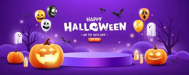 Vector illustration of Halloween podium purple color, pumpkin, balloons, ghost, candle, and bat flying, banner design on purple background