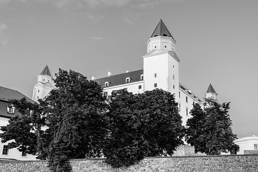 The medieval castle of Bratislava, Slovakia surrounded by trees in black and white