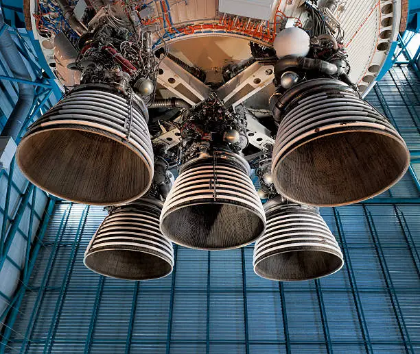 close up on the rocket engine and exhaust pipes of Saturn 5 rocket