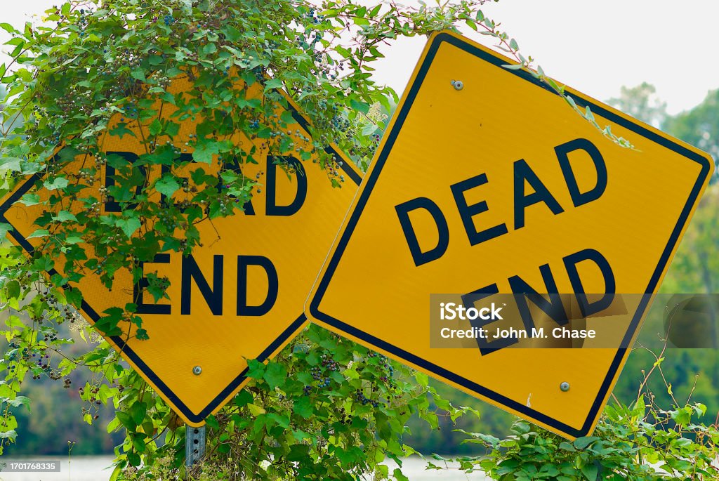 "Dead End" Traffic Signs, One With Overgrown Climbing Plant Two “Dead End” signs at the end of a road leading to a river with one covered in overgrown plants. Abandoned Stock Photo