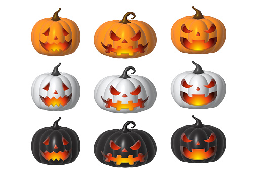 Holiday Halloween set of themed decorative elements for design. 3d objects in cartoon style. Pumpkin Halloween symbols collection.