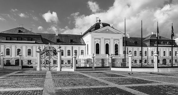 Bratislava, Slovakia - June 2022: The presidential palace, official residence of the president of Slovaka in black and white
