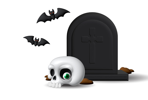 Holiday Halloween set of themed decorative elements for design. 3d objects in cartoon style. Skull with gravestone.