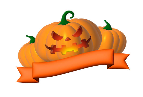 Holiday Halloween set of themed decorative elements for design. 3d objects in cartoon style. Three pumpkins and tag