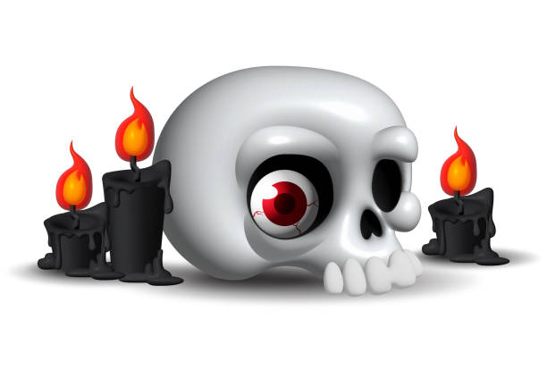 Holiday Halloween set of themed decorative elements for design. 3d objects in cartoon style. Skull and black candle.