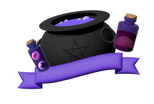 Holiday Halloween set of themed decorative elements for design. 3d objects in cartoon style. Magic Cauldron with bottle and tag.