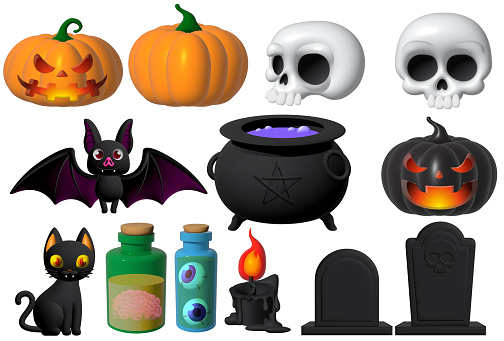 Holiday Halloween set of themed decorative elements for design. 3d objects in cartoon style.