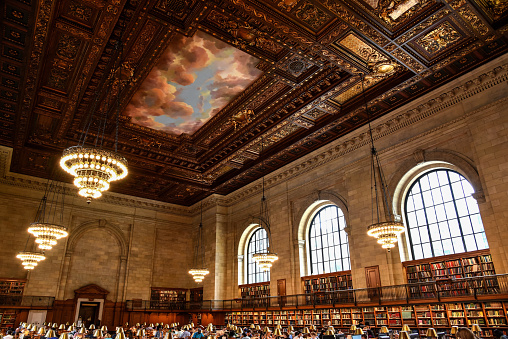 Library shelves and desks