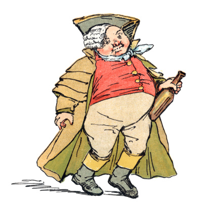 A drunken man in the clothing of an 18th-19th century coachman, with wig and hat awry and carrying a bottle. From “Pretty Peggy and Other Ballads”, illustrated by Rosina Emmet and published by Dodd, Mead & Company of New York in 1880. Please see my lightboxes for lots more.