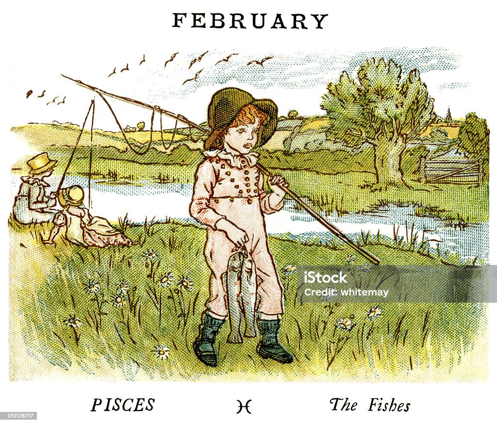 February - Kate Greenaway, 1884 From the Kate Greenaway Almanack for 1884, an illustration for the month of February. The Almanack for 1884 by Kate Greenaway was published by George Routledge & Sons of London and New York. February stock illustration