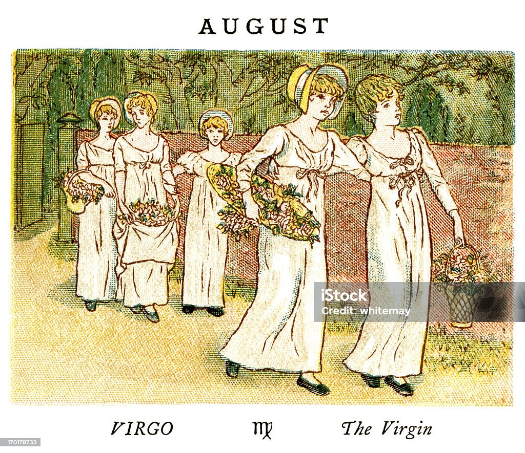 De agosto-Kate Greenaway, 1884 - Ilustração de Signos do Zodíaco royalty-free