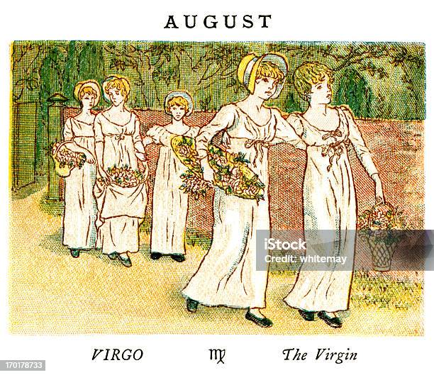 Agostokate Greenaway 1884 - Arte vetorial de stock e mais imagens de Signos do Zodíaco - Signos do Zodíaco, Kate Greenaway, Estilo Vitoriano