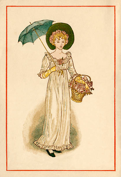 ilustraciones, imágenes clip art, dibujos animados e iconos de stock de estilo regencia mujer joven-kate greenaway, 1884 - regency style